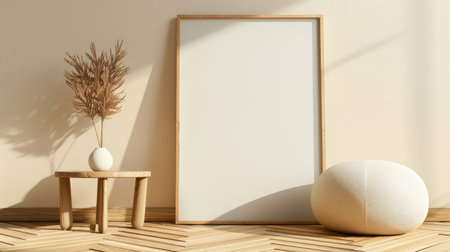Stylish interior with neutral tones, blank frame mockup on wall, wooden floor and modern furniture, 3D render sceneの素材