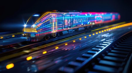 Night shot of long moving train illuminated with bright lights, futuristic travel and transportation themeの素材
