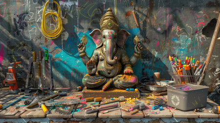 Artistic rendering of a Ganesha idol on a wooden bench with tools and materials, divine energy in creative spaceの素材