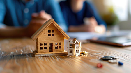 Small house model on table with man and woman blurred in background, home ownership and family planning themeの素材