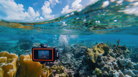 Submerged digital action camera records marine world, showcasing tech resilience in water sports environmentの素材