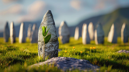 Mysterious arrow leads to ancient stone circle in minimal setting, suggesting target, ritual or exploration conceptの素材