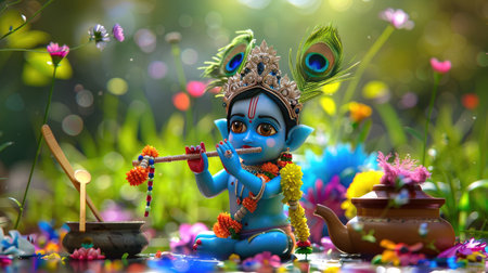 Cute Bal Krishna playing flute with a peacock feather crown, surrounded by traditional ornaments and butter potの素材