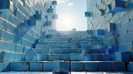 Blue stair steps made of cubes forming ascending path, representing goals, planning and progressionの素材