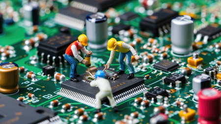 Figurines fixing electronic board, symbolic of hardware development, collaboration in robotics, repair tech sceneの素材