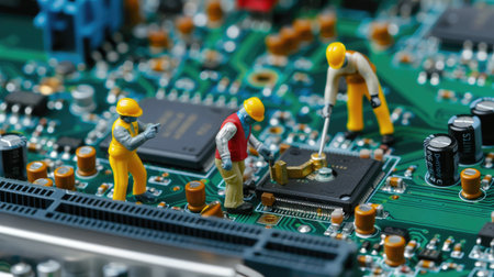 Figurines fixing electronic board, symbolic of hardware development, collaboration in robotics, repair tech sceneの素材