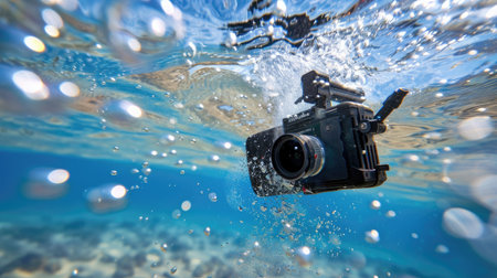 Underwater view of black action camera filming below surface, bubbles and aquatic light. Adventure and durabilityの素材