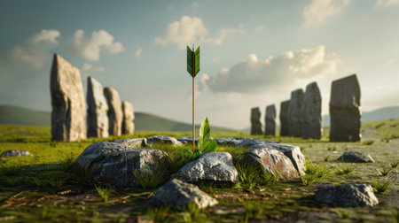 Mysterious arrow leads to ancient stone circle in minimal setting, suggesting target, ritual or exploration conceptの素材