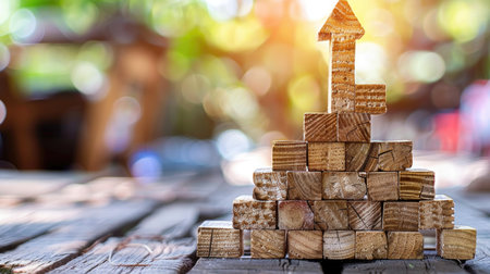 Close-up of stacked wooden blocks with arrow pointing upward, symbolizing growth, career path, success in progressの素材