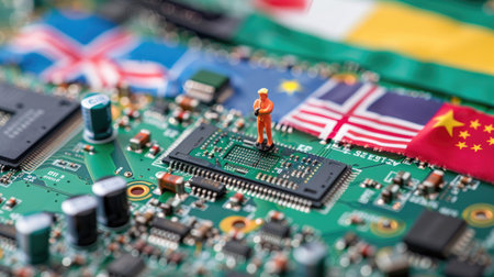 Generative AI image of small figure on motherboard with national flags, representing global business and tech tensionの素材