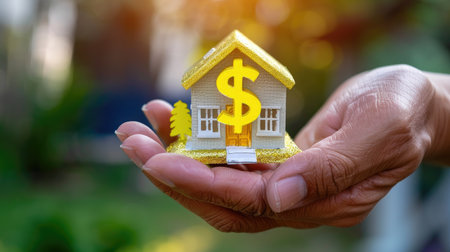 Hand holding small model house with golden dollar sign, real estate investment, mortgage or financial planningの素材