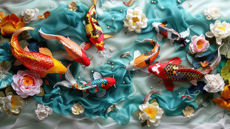 Elegant koi fish swimming with lotus flowers and cascading waterfall, soft textures and flowing silk backdropの素材