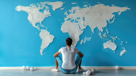 Casual man poses by world map illustration on wall. Concept of global outreach, dreams, travel, or startup visionの素材