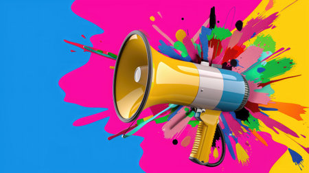 Colorful pop-art style megaphone setup, symbol of communication, promotion, creative message deliveryの素材