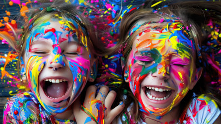 Painted young girls laughing, vibrant face paint and cheerful expressions, fun artistic childhood momentの素材