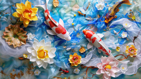 Elegant koi fish swimming with lotus flowers and cascading waterfall, soft textures and flowing silk backdropの素材