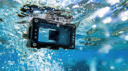 Underwater view of black action camera filming below surface, bubbles and aquatic light. Adventure and durabilityの素材