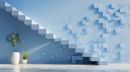 Blue stair steps made of cubes forming ascending path, representing goals, planning and progressionの素材