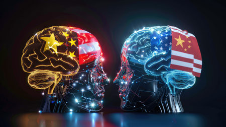 Two human heads with glowing AI brain illustration, one with USA flag, one with China flag. Tech rivalry and innovationの素材