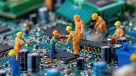 Figurines fixing electronic board, symbolic of hardware development, collaboration in robotics, repair tech sceneの素材