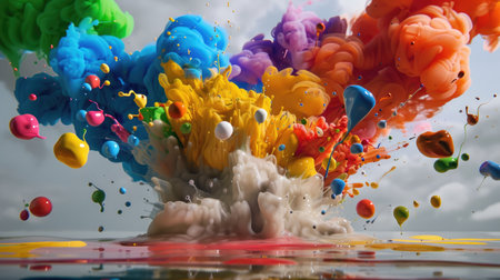 Abstract colorful cloud releases vivid paint drops, symbolizing imagination, emotion, and artistic expressionの素材