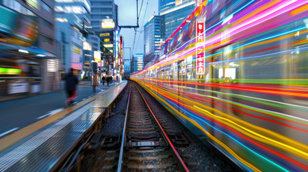 Glowing light trails from a train speeding by, dynamic urban transit concept, evening commute visualの素材