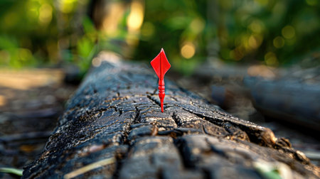 A red and black arrow rests atop a textured wooden log, symbolizing direction, focus, and decision-making in a natural settingの素材
