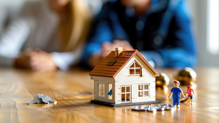 Small house model on table with man and woman blurred in background, home ownership and family planning themeの素材