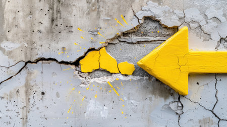 Yellow arrow emerges from broken wall, representing ambition, change, and rising opportunities beyond limitsの素材