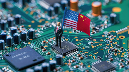 Miniature businessman stands on computer circuit board between USA and China flags, symbolizing tech war and diplomacyの素材