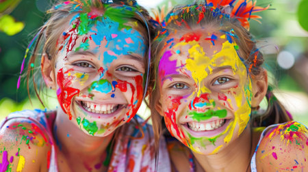 Happy girls with colorful paint on faces, smiling joyfully, celebration of friendship, creativity, and diversityの素材