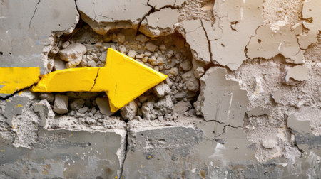 Yellow arrow emerges from broken wall, representing ambition, change, and rising opportunities beyond limitsの素材