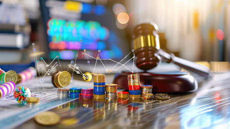 Economic tariff rates and legal process concept with judge gavel, balance, and import tax chartsの素材