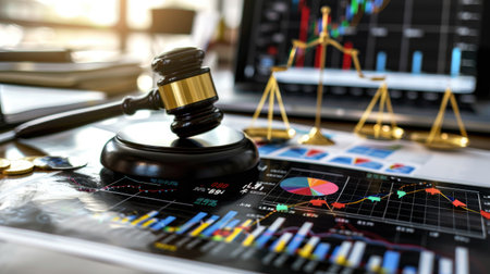 Economic tariff rates and legal process concept with judge gavel, balance, and import tax chartsの素材