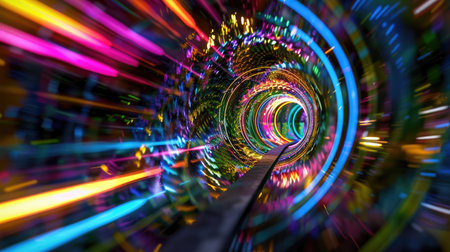 Abstract tunnel of light with fiery neon colors in swirling formation, concept of speed and innovationの素材