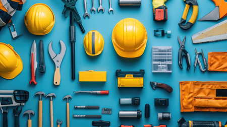 A flat lay of construction tools, safety gear, and worker equipment arranged on a blue backdrop, ideal for Labor Day promotions and appreciation messages.の素材