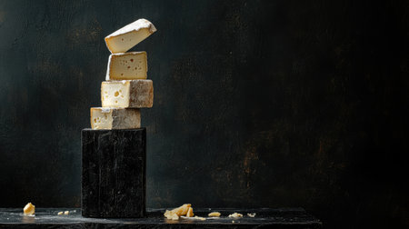Aged cheeses and fresh slices arranged artistically on black wood with empty dark backgroundの素材