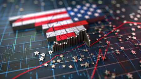 U.S. economy crisis with stock decline chart and broken flag, reflecting recession and rising inflationの素材