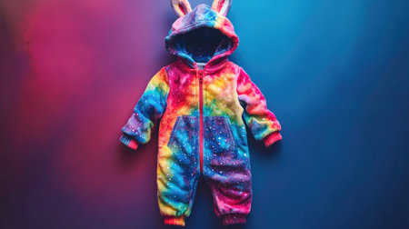 A colorful toddler onesie featuring galaxy patterns and rainbow hues, with a cute bunny hood, perfect for showcasing playful, imaginative fashion.の素材