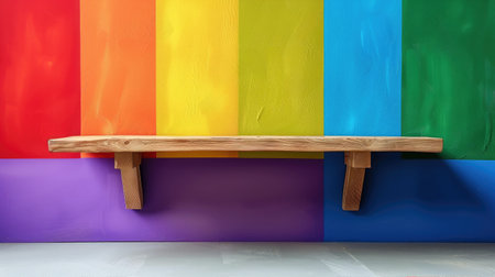 Empty display shelf against abstract rainbow gradient wall, colorful concept for vibrant product presentationの素材
