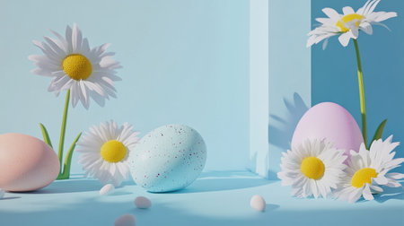 A cheerful Easter mood setup featuring vibrant eggs and fresh daisies on a light blue surface, perfect for adding festive messages or advertisements.の素材