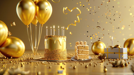 Celebration scene with golden balloons, birthday cake, candlelight and gifts for invitation card backgroundの素材