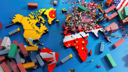 Trade dispute between America and foreign partners with flags and global export-import infographicの素材