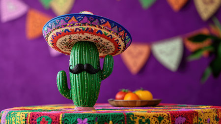 A cactus adorned with a colorful sombrero and mustache sits on a multicolored tablecloth against a vibrant purple background, decorated with festive papel picado banners, showcasing Mexican culture.の素材