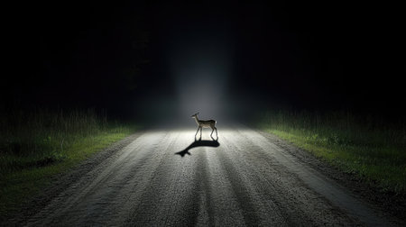 A deer frozen in headlights crossing a dark country road, emphasizing wildlife hazards at nightの素材