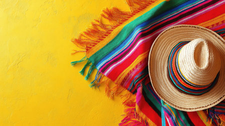 A colorful Cinco de Mayo celebration featuring a traditional striped serape on a yellow surface, perfect for promoting festive events and Mexican heritage.の素材