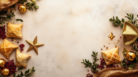 A festive Purim setup with an overhead shot of hamantaschen, Star of David, golden masks, and party favors, arranged on a neutral background with room for text or advertisement.の素材
