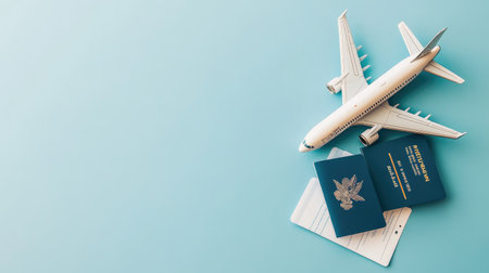 A flat lay of a passport, boarding passes, and a model airplane on a light blue background, representing the adventure of travel and vacation plans.の素材