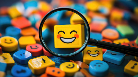 A magnifying glass focusing on a smiling face among various feedback emoticons, symbolizing customer satisfaction and review insights for business improvement.の素材