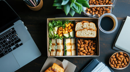 A functional workspace with a bento box lunch, including sandwiches and nuts, arranged alongside work essentials like a laptop and stationery.の素材